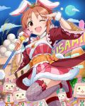  1girl ;d abe_nana animal_ears artist_request breasts brown_eyes idolmaster idolmaster_cinderella_girls japanese_clothes leg_up microphone official_art one_eye_closed open_mouth ponytail rabbit_ears smile solo thigh-highs wink 