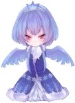  1girl articuno asame21 blue_dress blue_hair blue_wings blush dress feathered_wings frown full_body personification pokemon pokemon_(game) red_eyes solo tiara white_background wings winter_clothes 