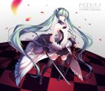  1girl 7th_dragon 7th_dragon_2020 absurdly_long_hair absurdres bare_shoulders character_name checkered checkered_floor copyright_name full_body fur_trim green_eyes green_hair hatsune_miku headphones highres holding katana long_hair looking_at_viewer neck_ribbon ng_(chaoschyan) petals pleated_skirt ribbon sheath shoes skirt solo standing sword thigh-highs twintails very_long_hair vocaloid weapon 