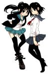  2girls black_eyes black_hair black_legwear blue_skirt boots coppelion full_body garter_straps hands_in_pockets head_to_head high_heels ichikawa_meisa ikarimame looking_at_viewer miniskirt multiple_girls pantyhose pleated_skirt ponytail sailor_collar school_uniform serafuku short_hair simple_background skirt thighhighs tsuburaya_mana white_background zipper 