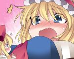  /\/\/\ 1girl alice_margatroid blonde_hair blush bow breasts bust capelet commentary_request hair_bow hairband hammer_(sunset_beach) long_hair open_mouth shanghai_doll short_hair sparkle touhou 