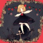  1girl :q blonde_hair blouse border chinese_lantern cross dress graveyard hair_ribbon outstretched_arms red_eyes ribbon rumia short_hair spread_arms tombstone tongue touhou yujup 