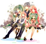  2boys 4girls acute_(vocaloid) blue_eyes blue_hair boots closed_eyes cross-laced_footwear dress green_eyes green_hair hatsune_miku highres kaito knee_boots lace-up_boots long_hair megurine_luka multiple_boys multiple_girls open_mouth redhead sitting smile twintails very_long_hair vocaloid yamada_runoka younger 