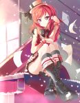  1girl boots cross-laced_footwear hat highres instrument long_sleeves looking_at_viewer love_live!_school_idol_project mini_top_hat nishikino_maki piano redhead sitting solo top_hat violet_eyes wedtaro 