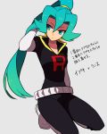  1girl belt blue_eyes blue_hair clothes_writing earrings elbow_gloves gloves gym_leader ibuki_(pokemon) jewelry kneeling li_sakura long_hair pokemon pokemon_(game) pokemon_hgss ponytail solo team_rocket team_rocket_(cosplay) team_rocket_grunt 