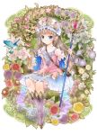  1girl atelier_(series) atelier_totori bird blue_eyes bluebird boots brown_hair detached_sleeves flower frills hairband knee_boots long_hair ratryu sitting skirt smile solo staff totooria_helmold white_skirt 