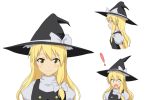  ! 1girl blonde_hair blush bow braid bust cato_(monocatienus) from_side hair_bow hat kirisame_marisa looking_at_viewer open_mouth parted_lips puffy_sleeves single_braid smile surprised touhou turtleneck vest white_background witch witch_hat yellow_eyes 