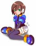  1girl aile bodysuit brown_hair cropped_jacket gloves green_eyes knees_together_feet_apart robot_ears rockman rockman_zx short_hair shorts shoutaro_saito signature solo spandex 