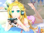  1girl ass bare_shoulders barefoot blonde_hair bra controller error game_controller gamepad green_eyes hair_ornament hairclip headphones highres long_hair nekomata_yotsuba original panties pink_bra pink_panties playing_games serious solo strap_slip striped striped_panties stuffed_animal stuffed_toy sunlight underwear 