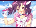  1girl black_hair blue_sky blush bow clouds dress earrings feathers gloves hair_bow jewelry kuroki_(ma-na-tu) long_hair love_live!_school_idol_project microphone open_mouth pink_dress pink_eyes sky smile solo twintails white_gloves white_wings wings yazawa_nico 