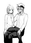  2boys ahoge androgynous blouse dark_skin erubo green_eyes headband monochrome multiple_boys necktie original red_eyes ronaldo_castroneves short_hair sitting sitting_on_lap sitting_on_person smile spot_color theodor_bachstein trap yaoi 