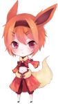  1girl animal_ears asame21 blush flareon frown full_body hair_ornament hairclip headband jacket long_sleeves midriff navel pants personification pokemon pokemon_(game) red_eyes redhead short_hair solo standing tail white_background 