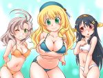  1girl 3girls :o atago_(kantai_collection) bikini black_hair blonde_hair blush breast_envy breasts cleavage full-face_blush green_eyes grey_hair grin hairband haruna_(kantai_collection) hat kantai_collection kinugasa_(kantai_collection) large_breasts long_hair looking_at_viewer multiple_girls navel nishi_kita o-ring_bottom o-ring_top one_eye_closed red_eyes smile strap_gap swimsuit underboob wink 