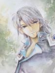  1boy bishoujo_senshi_sailor_moon bust doujinshi grey_eyes grey_hair highres kunzite_(sailor_moon) long_hair looking_at_viewer looking_down nijinohouseki smile solo traditional_media watercolor_(medium) 