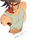  1boy bandaid_on_face brown_hair dated ege_(597100016) green_eyes highres jojo_no_kimyou_na_bouken joseph_joestar_(young) midriff solo spiky_hair torn_clothes torn_shirt 
