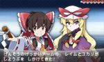  2girls black_gloves black_hair blonde_hair bow brown_eyes carnet_(pokemon) detached_sleeves fake_screenshot fan folding_fan furisode_girl_(pokemon) gloves gohei hacko hair_bow hair_tubes hakurei_reimu hat multiple_girls ofuda parody pokemon pokemon_(game) pokemon_xy smile style_parody touhou translated violet_eyes yakumo_yukari 