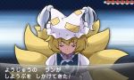  1girl blonde_hair closed_eyes fake_screenshot fox_tail hacko hands_in_sleeves hat maid_(pokemon) multiple_tails parody pokemon pokemon_(game) pokemon_xy smile style_parody tabard tail touhou translated yakumo_ran 