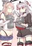  2girls :3 amatsukaze_(kantai_collection) blush chestnut_mouth choker closed_eyes elbow_gloves garter_straps gloves hairband highres kantai_collection long_hair multiple_girls musical_note navel open_mouth personification rensouhou-chan rensouhou-kun school_uniform serafuku shimakaze_(kantai_collection) silver_hair skirt striped striped_legwear sukage thighhighs white_gloves yellow_eyes zettai_ryouiki 