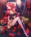  1girl armlet bare_shoulders bat_wings blush breasts brown_eyes choker cleavage dawkinsia dress earrings flower frills high_heels jewelry long_hair redhead rose single_thighhigh sitting skirt smile solo thigh-highs torn_clothes torn_thighhighs wavy_hair wings 