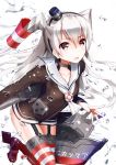  1girl amatsukaze_(kantai_collection) brown_eyes garter_straps henet_hene kantai_collection long_hair mini_hat open_mouth personification rensouhou-kun school_uniform serafuku silver_hair solo striped striped_legwear thighhighs twintails water water_drop 