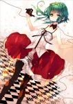  1girl black_gloves black_legwear checkered checkered_floor frown glasses glasses_removed gloves green_eyes green_hair gumi highres naoto_(tulip) pantyhose red_string short_hair skirt solo string tank_top vocaloid 