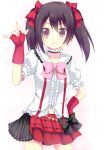  1girl \m/ akane_souichi black_hair blush bow earrings fingerless_gloves gloves hair_bow jewelry long_hair looking_at_viewer love_live!_school_idol_project puffy_sleeves red_eyes red_gloves skirt smile solo suspenders twintails yazawa_nico 