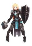  +_+ 1girl absurdres armor blonde_hair blue_eyes breastplate full_armor full_body greaves highres knight long_hair mace mallet pauldrons shield smile solo tabard tempel1118 weapon white_background 