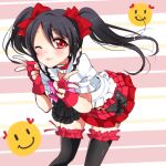  1girl bad_id black_hair blush bow ericcapink fingerless_gloves garters gloves hair_bow long_hair love_live!_school_idol_project one_eye_closed red_eyes skirt smile smiley_face striped striped_background thighhighs twintails v wink yazawa_nico 