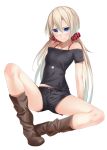  1girl bare_legs bare_shoulders blonde_hair blue_eyes blush boots jewelry long_hair looking_at_viewer necklace original ray-akila shorts simple_background solo white_background 