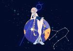  1girl bare_legs blonde_hair bracelet braid constellation hair_ornament high_heels jewelry kurokeisin leotard long_hair looking_away mercury mercury_symbol nail_polish original personification planet see-through sky smile solo space star_(sky) twin_braids very_long_hair virgo_(constellation) 