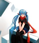  1girl alternate_eye_color alternate_hair_color artist_name black_legwear blue_eyes blue_hair capelet casual cube hair_ornament hatsune_miku kky long_hair red_scarf scarf sitting skirt smile solo thighhighs twintails v-neck v_arms very_long_hair vocaloid zettai_ryouiki 