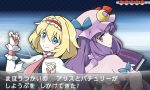  2girls alice_margatroid beauty_(pokemon) blonde_hair blue_eyes book bow capelet crescent fake_screenshot hacko hairband hat looking_back multiple_girls parody patchouli_knowledge pokefan pokemon pokemon_(game) pokemon_xy puppet_strings purple_hair smile style_parody touhou translated violet_eyes 