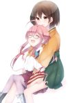  2girls ^_^ ^o^ blue-framed_glasses blush boots brown_eyes brown_hair cherry_rosso closed_eyes glasses hiryuu_(kantai_collection) japanese_clothes kantai_collection long_hair long_sleeves makigumo_(kantai_collection) multiple_girls open_mouth pantyhose personification pink_hair purple_legwear purple_skirt ribbon school_uniform short_hair side_ponytail skirt sleeves_past_wrists smile wide_sleeves 