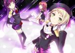  3girls black_dress black_gloves black_legwear blonde_hair blue_eyes boots brown_hair dress earrings epaulettes flower gloves green_eyes hairband hat high_heels jewelry kira_tsubasa long_hair long_sleeves looking_at_viewer love_live!_school_idol_project minato_(shouno) mole multiple_girls open_mouth purple_hair rose short_hair smile thigh-highs thigh_boots toudou_erena violet_eyes white_gloves white_legwear yuuki_anju 