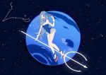  1girl bare_legs blue_eyes blue_hair buttons constellation floating hair_ornament kurokeisin long_hair neptune neptune_symbol open_mouth original personification pisces_(constellation) planet polearm see-through side_ponytail sky solo space star_(sky) starry_sky trident weapon wrist_cuffs 