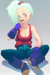  1girl aqua_hair blue_eyes boots bra_(dragon_ball) breasts butterfly_sitting cleavage dragon_ball dragon_ball_gt fake_mustache fingerless_gloves gloves gradient gradient_background hair_bobbles hair_ornament highres knees_apart_feet_together large_breasts looking_at_viewer pants ponytail simple_background sitting solo supobi tank_top 