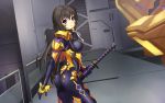  1girl ass black_hair bodysuit breasts dance_of_eternity highres katana long_hair looking_back muvluv muvluv_alternative muvluv_total_eclipse open_mouth shiny shiny_clothes solo sword takamura_yui twist violet_eyes weapon 