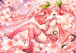  1girl bad_id boots cherry cherry_blossoms detached_sleeves food food_themed_clothes fruit hatsune_miku long_hair masa_ashe necktie open_mouth petals pink_eyes pink_hair sakura_miku skirt solo thigh_boots thighhighs twintails very_long_hair vocaloid 