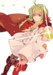  1girl ahoge alternate_eye_color bangs blunt_bangs boots braid cape dragon_girl dress dutch_angle fire_emblem fire_emblem:_kakusei foreshortening frills garter_straps green_hair heart looking_at_viewer nn_(fire_emblem) outstretched_arm pararade pink_legwear pointy_ears red_eyes rough simple_background smile solo sparkle stone thigh-highs thigh_boots twin_braids white_background wind zettai_ryouiki 