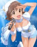  1girl bare_arms blue_background brown_eyes brown_hair cape fur fur_trim hair_ornament honda_mio idol idolmaster idolmaster_cinderella_girls jpeg_artifacts looking_at_viewer microphone official_art open_mouth short_hair shorts sleeveless smile snowflakes solo winter_clothes 
