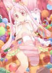  1girl bare_shoulders candy candy_cane chemise fred04142 hair_ribbon lollipop long_hair looking_at_viewer midriff original outstretched_leg pink_eyes pink_hair ribbon single_thighhigh sitting skirt smile solo striped striped_legwear thigh-highs twintails very_long_hair 
