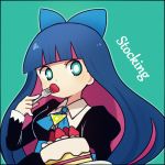  1girl ayu_(mog) blue_eyes blue_hair bow cake eating food fork fruit hair_bow long_hair looking_at_viewer multicolored_hair panty_&amp;_stocking_with_garterbelt plate solo stocking_(psg) strawberry strawberry_shortcake two-tone_hair 