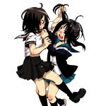  2girls angry bangs black_eyes black_hair black_legwear black_skirt blue_eyes blue_skirt cardigan coppelion fighting hair_pull heterochromia ichikawa_meisa ikarimame kneehighs loafers looking_at_another multiple_girls open_mouth pleated_skirt radiation_symbol sailor_collar school_uniform serafuku shoes short_sleeves simple_background skirt sleeves_rolled_up symbol-shaped_pupils tears tsuburaya_mana white_background 