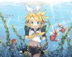  1girl album_cover aqua_eyes blonde_hair bubble cover detached_sleeves fish fred04142 hair_ribbon hands_on_headphones headphones kagamine_rin long_sleeves looking_at_viewer midriff navel neckerchief open_mouth ribbon shirt shorts solo underwater vocaloid wide_sleeves 