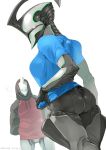  1girl ario artist_name ass bodysuit breasts dated excalibur_(warframe) helmet hoodie nyx_(warframe) see-through_silhouette simple_background skin_tight solo_focus t-shirt warframe white_background 