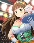  breasts brown_hair cherry corset earrings food from_below fruit gloves green_eyes hand_on_hip ice_cream idolmaster idolmaster_cinderella_girls jewelry large_breasts long_hair looking_at_viewer makihara_shiho nanacsun parfait ponytail smile waitress 