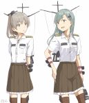  2girls alternate_costume aqua_hair brown_hair earrings hair_ornament hairclip heart-shaped_lock jewelry kantai_collection kawashina_(momen_silicon) kumano_(kantai_collection) long_hair multiple_girls necklace open_mouth personification ponytail suzuya_(kantai_collection) thighhighs 
