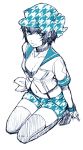  1girl alternate_costume blue_eyes blue_hair breasts choker cleavage from_above hat hat_ribbon houndstooth katsura_(+araka) kneeling looking_at_viewer midriff navel persona persona_4 persona_4:_dancing_all_night ribbon shirogane_naoto short_hair short_shorts shorts sketch solo spot_color thigh-highs white_background 