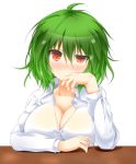  1girl ahoge blush breasts bust cleavage green_hair hand_to_own_mouth highres kazami_yuuka large_breasts light_smile long_sleeves looking_at_viewer red_eyes shirt simple_background solo sweat table touhou uneven_eyes us2s white_background 