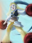  1girl blue_eyes blue_hair cure_nile happinesscharge_precure! haruyama_kazunori long_hair magical_girl midriff navel open_mouth outstretched_arms ponytail precure solo tiara very_long_hair 